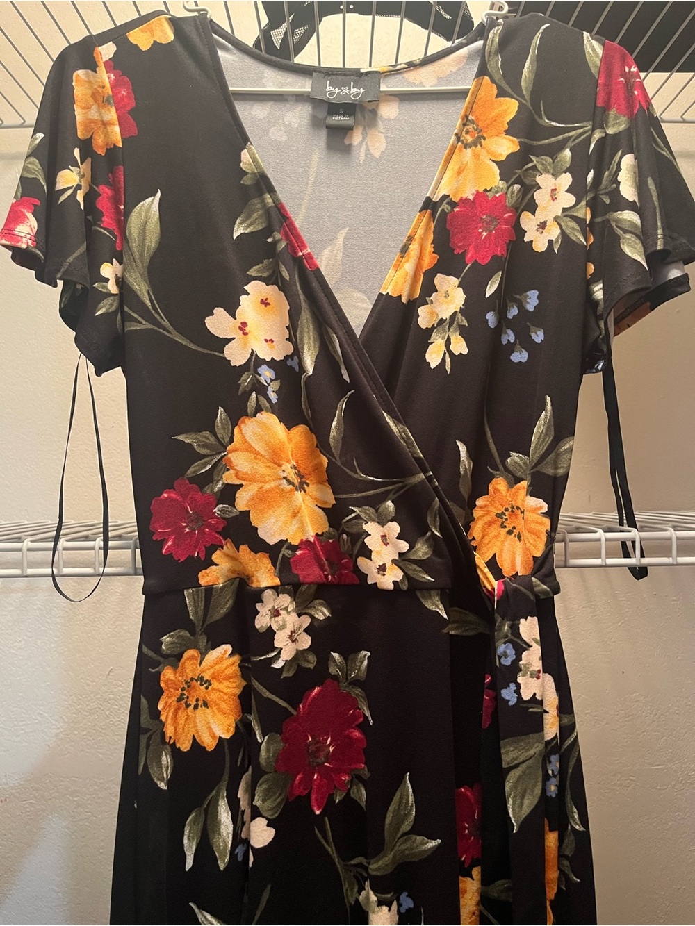 by&by Floral Print Asymmetric Dress in Black with Yellow and Red Accents